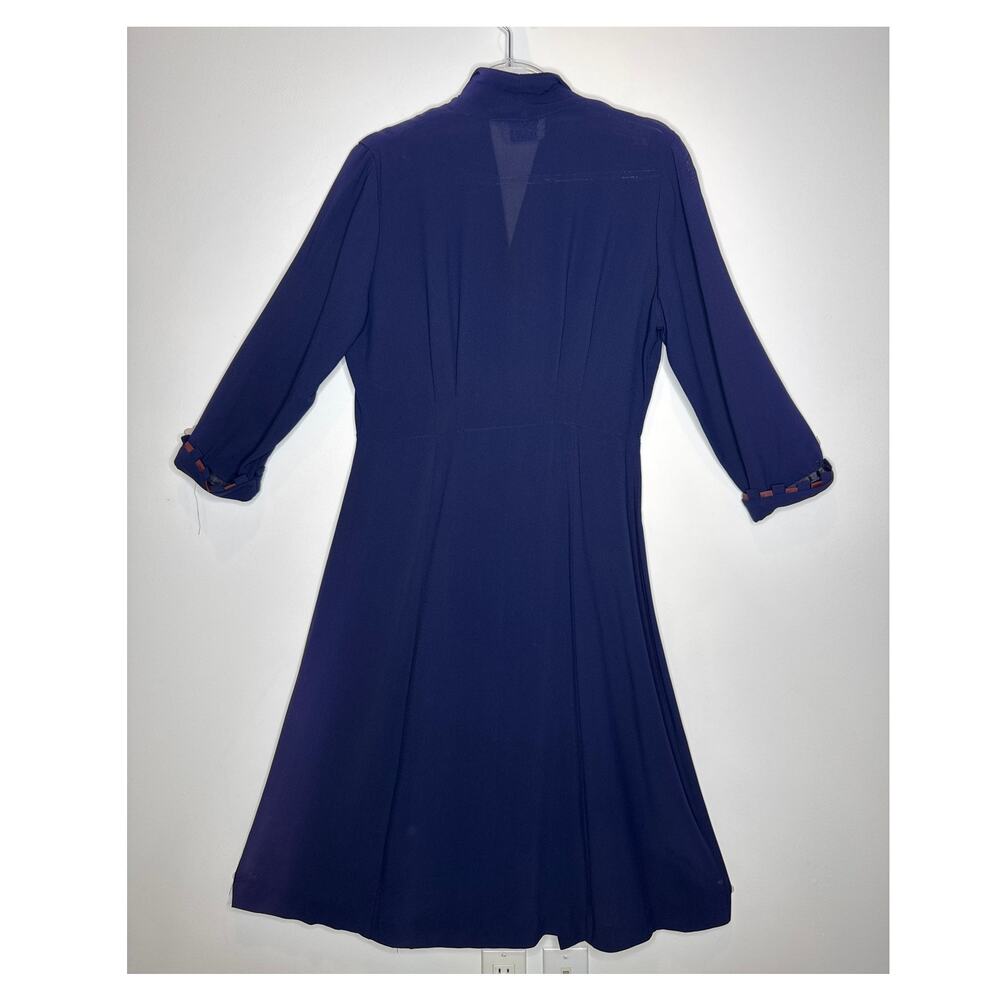 1950s Fair Lady Navy Crepe Button-Front Dress w/ Ribbon Trim medium - Picture 5 of 16